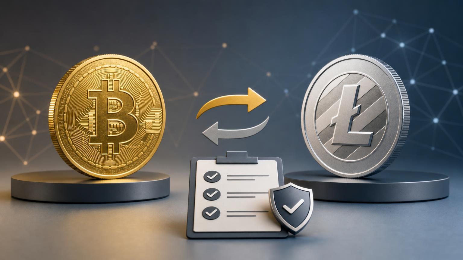 A step-by-step BTC-to-LTC exchange route showing address, network, amount, fee, confirmation, and transaction-status checks